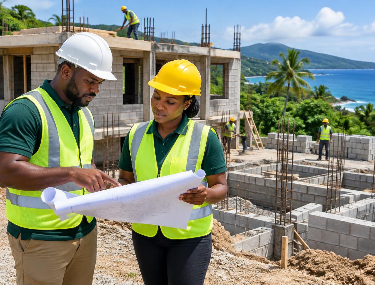 Construction team reviewing plans on a Jamaican building site
