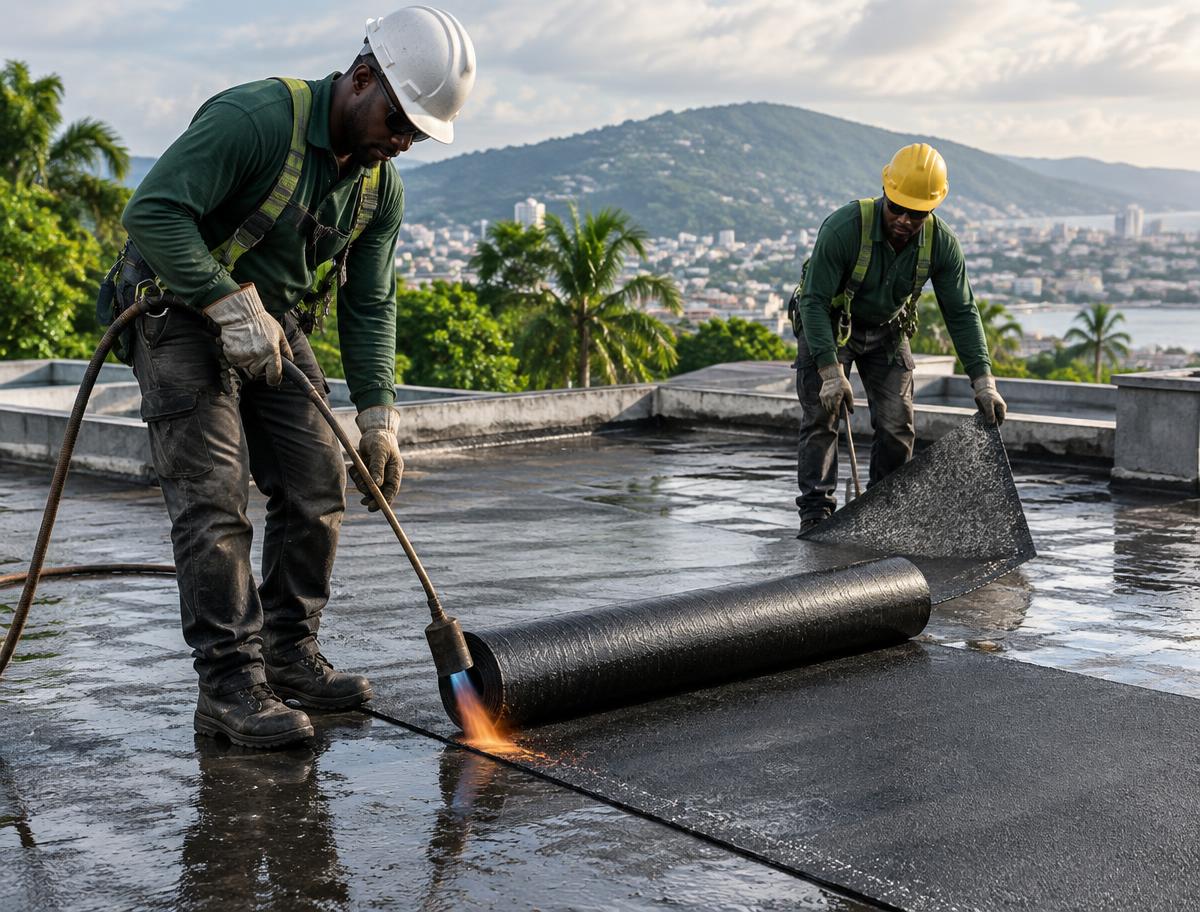 Roofers installing waterproof membrane on a flat roof