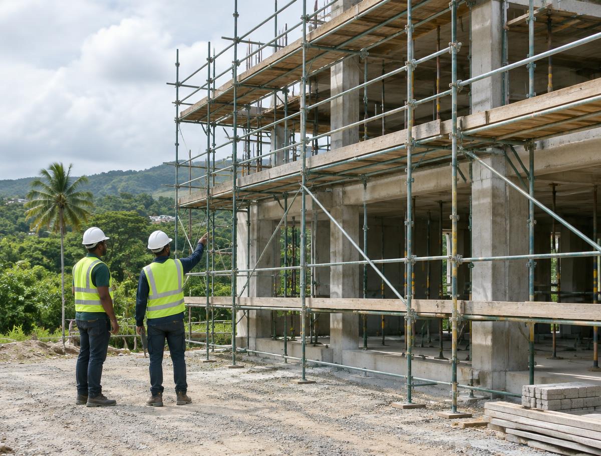 Scaffolding erected around a concrete building